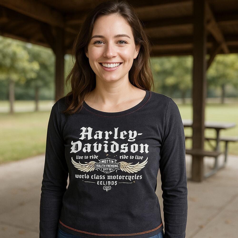 Harley-Davidson Women’s Long-Sleeve Tee Wing Embroidered Logo Rhinestone Accents